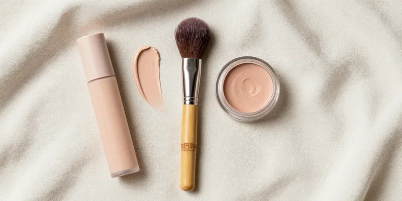 Flat lay of minimalist clean beauty makeup products on an organic linen cloth, tinted moisturizer, bamboo-handled makeup