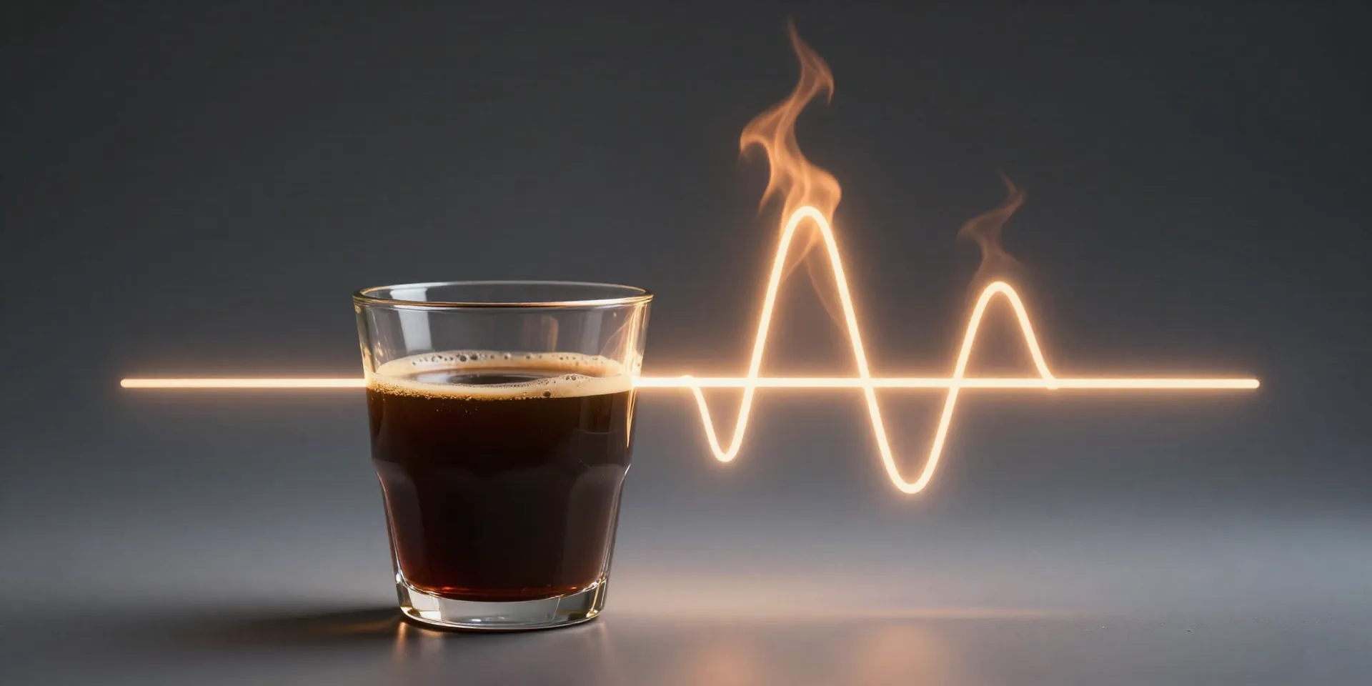 A conceptual, scientific illustration. A clear glass of black coffee sits in the foreground, with abstract