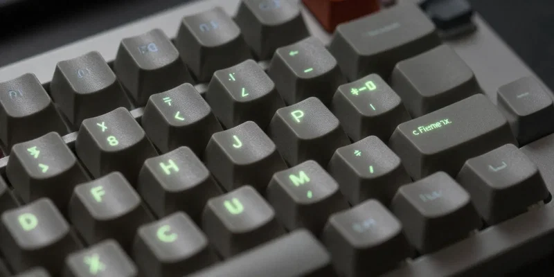 Close up of a retro mechanical keyboard, glowing command line code reflecting off the keys