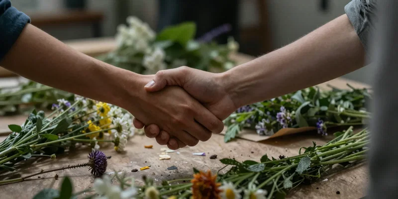 Close up shot of two hands shaking over a messy florist workbench full of native wildflowers and recycled paper