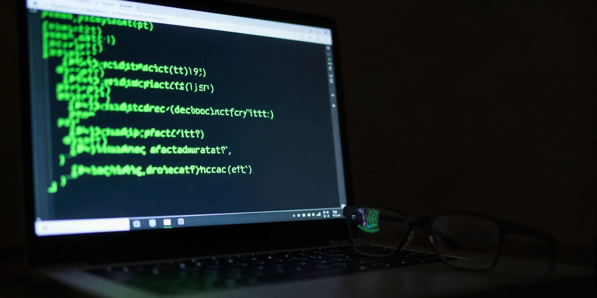 A glowing terminal screen displaying green bash script code in a dark room, glowing code reflections on a pair of glasses