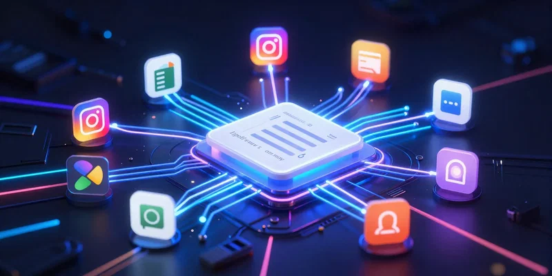 A dynamic, glowing data pipeline visualized as a neon circuit board connecting colorful app icons like Instagram, Google