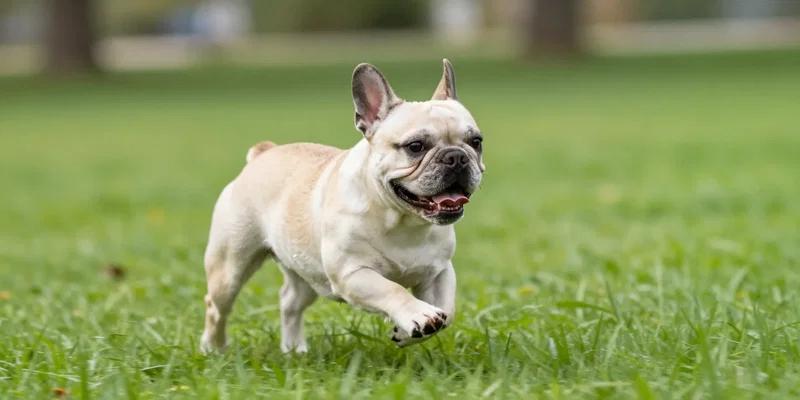 A healthy, happy French Bulldog running energetically through a sunny grassy park, green grass, action shot