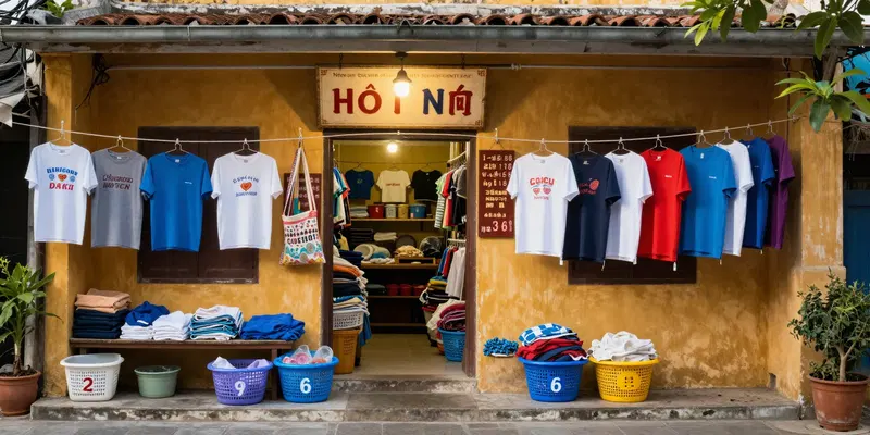 A small, colorful local laundry shop in Hoi An, Vietnam. Clotheslines with tourist t-shirts hanging, small plastic baskets