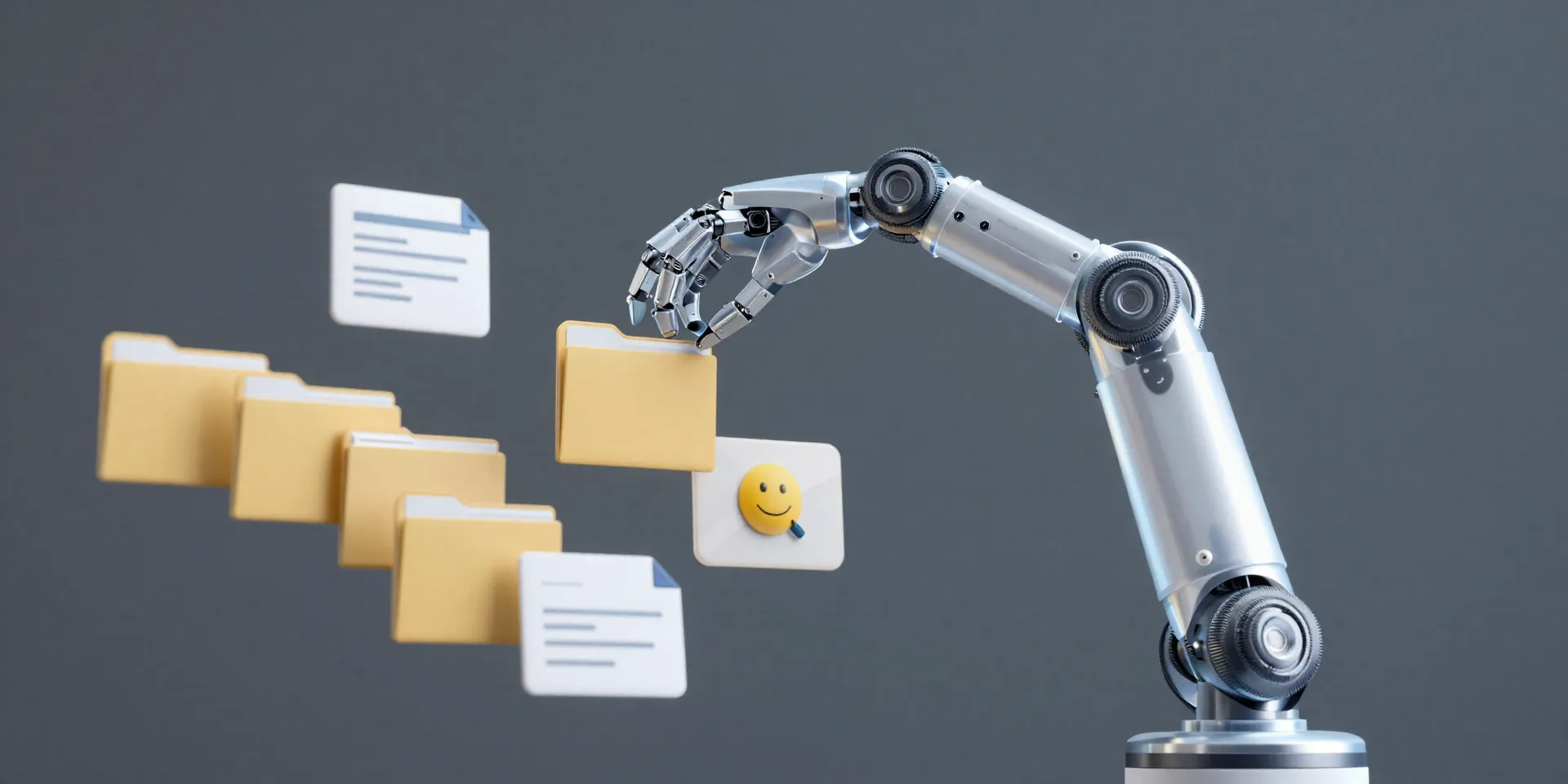 A translucent robotic arm organizing floating digital folders and emails in mid-air