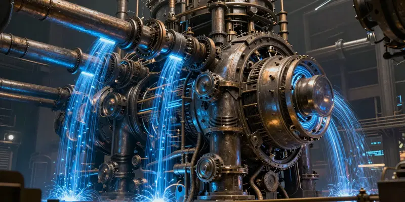 A massive, complex steam-powered mechanical engine with glowing blue data streams flowing through heavy iron pipes