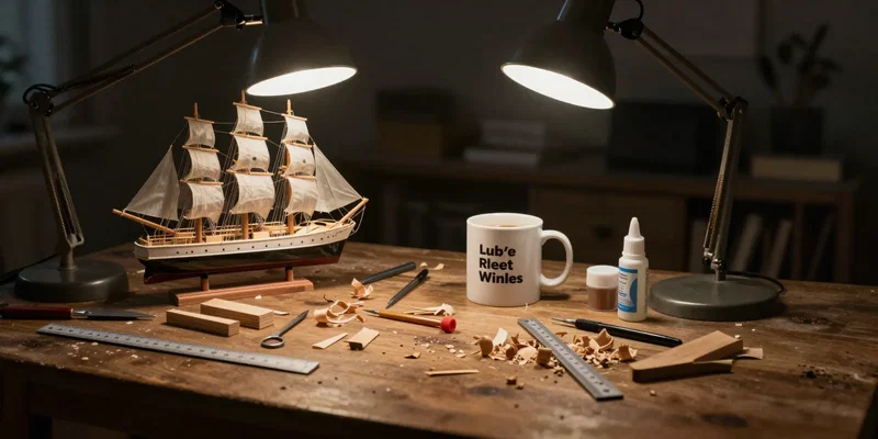 Still life, lighting] A cluttered, creative wooden workbench. A half-built model ship with tiny tools. A coffee mug