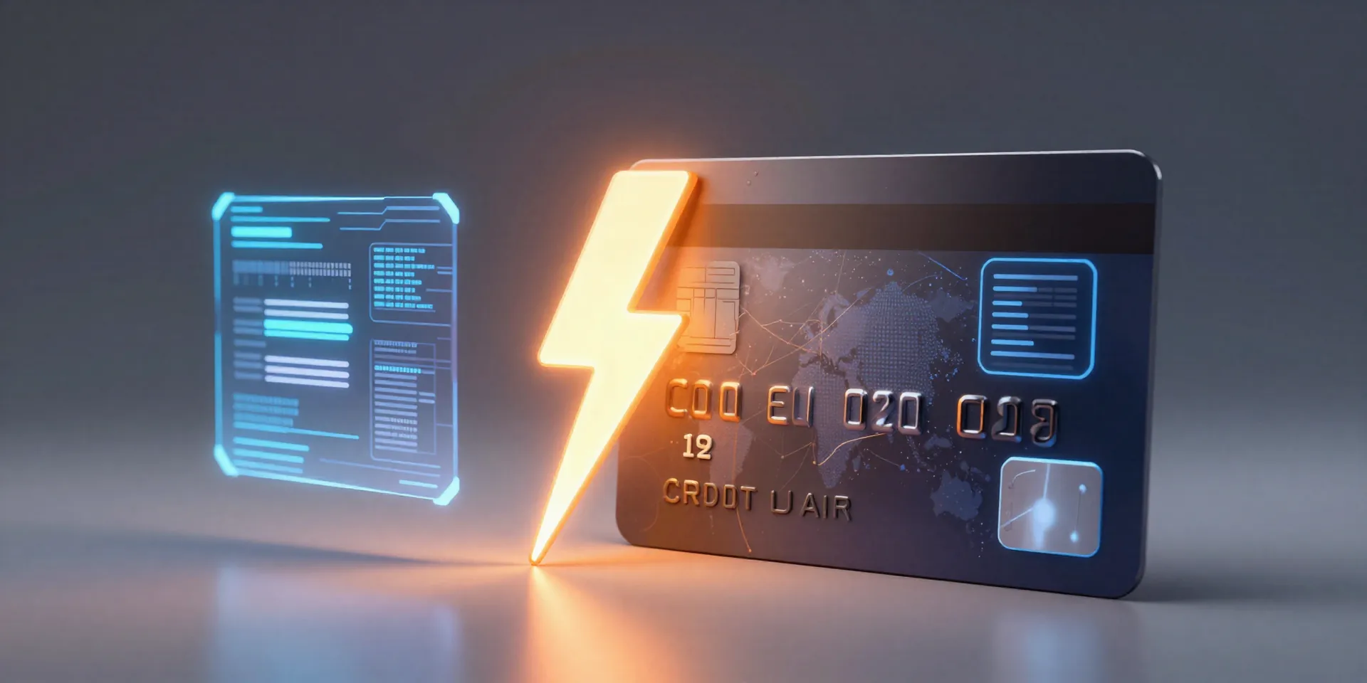 A glowing orange lightning bolt bridging a modern minimalist credit card and a sleek digital database hologram, cyberpunk
