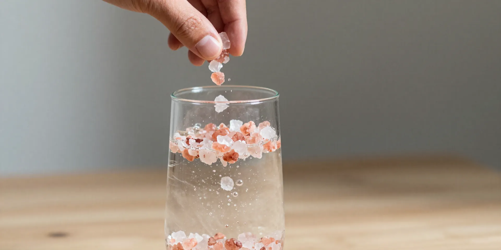 Coarse pink Himalayan salt crystals being sprinkled from fingers into a tall, clear glass of water with bubbles. Elegant