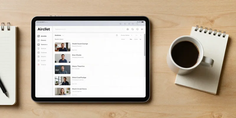 Desk view, a sleek iPad showing an Airtable base interface with video thumbnails, neat columns, next to a notebook