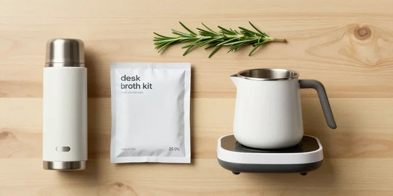 Flat lay / product shot of a minimalist 'desk broth kit': a stylish insulated Thermos, a single-serve packet of high-quality