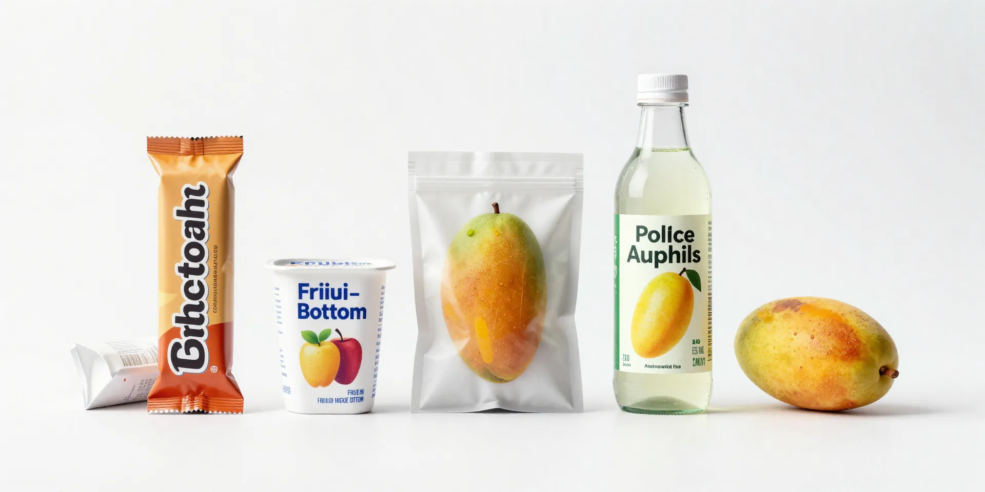 A minimalist, product shot on a white background. A row of common office villains: a glossy protein bar wrapped in colorful