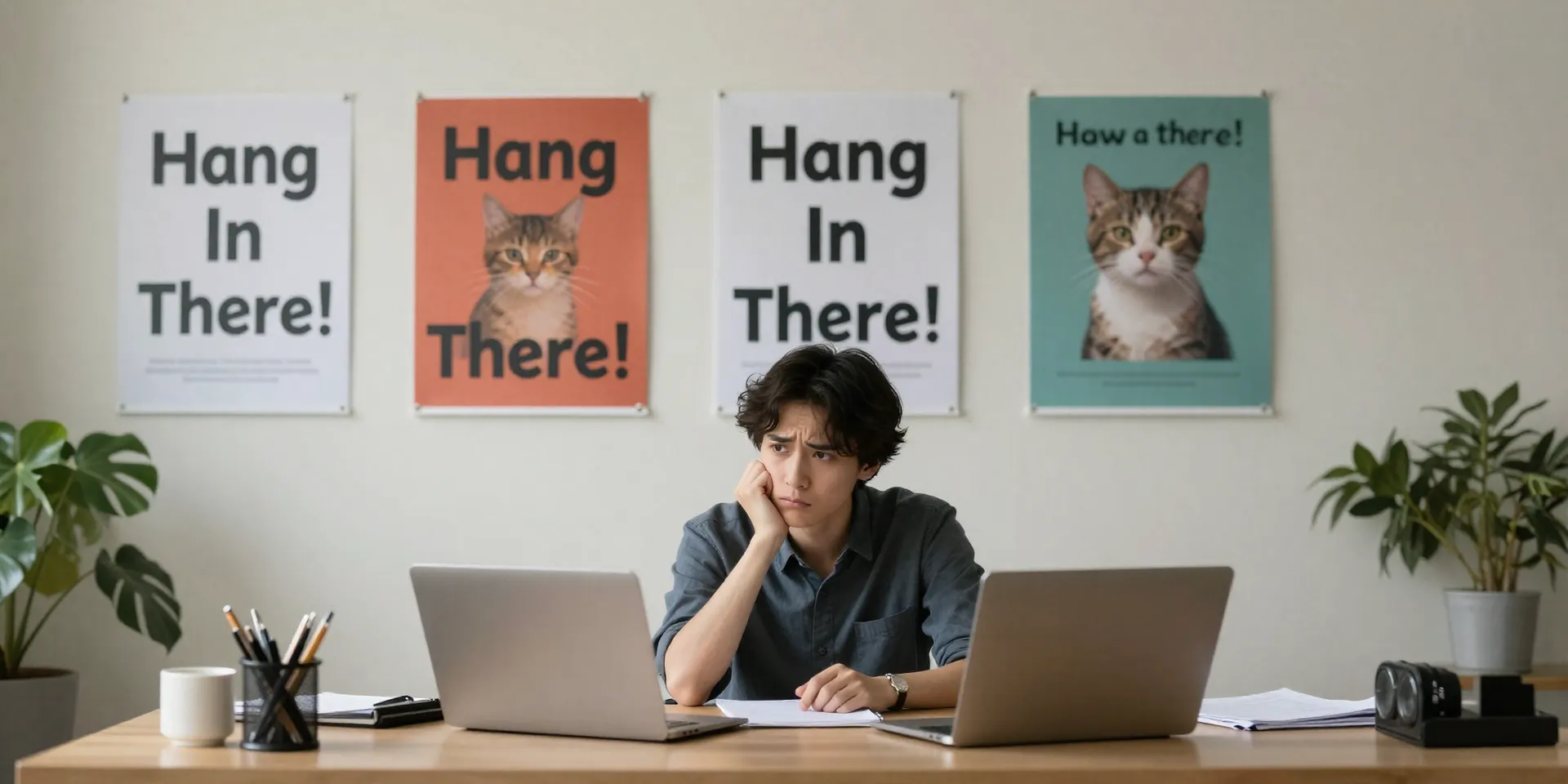 A therapist's office with generic, cheesy motivational posters on the wall, 'Hang In There!' with a kitten, a person looking