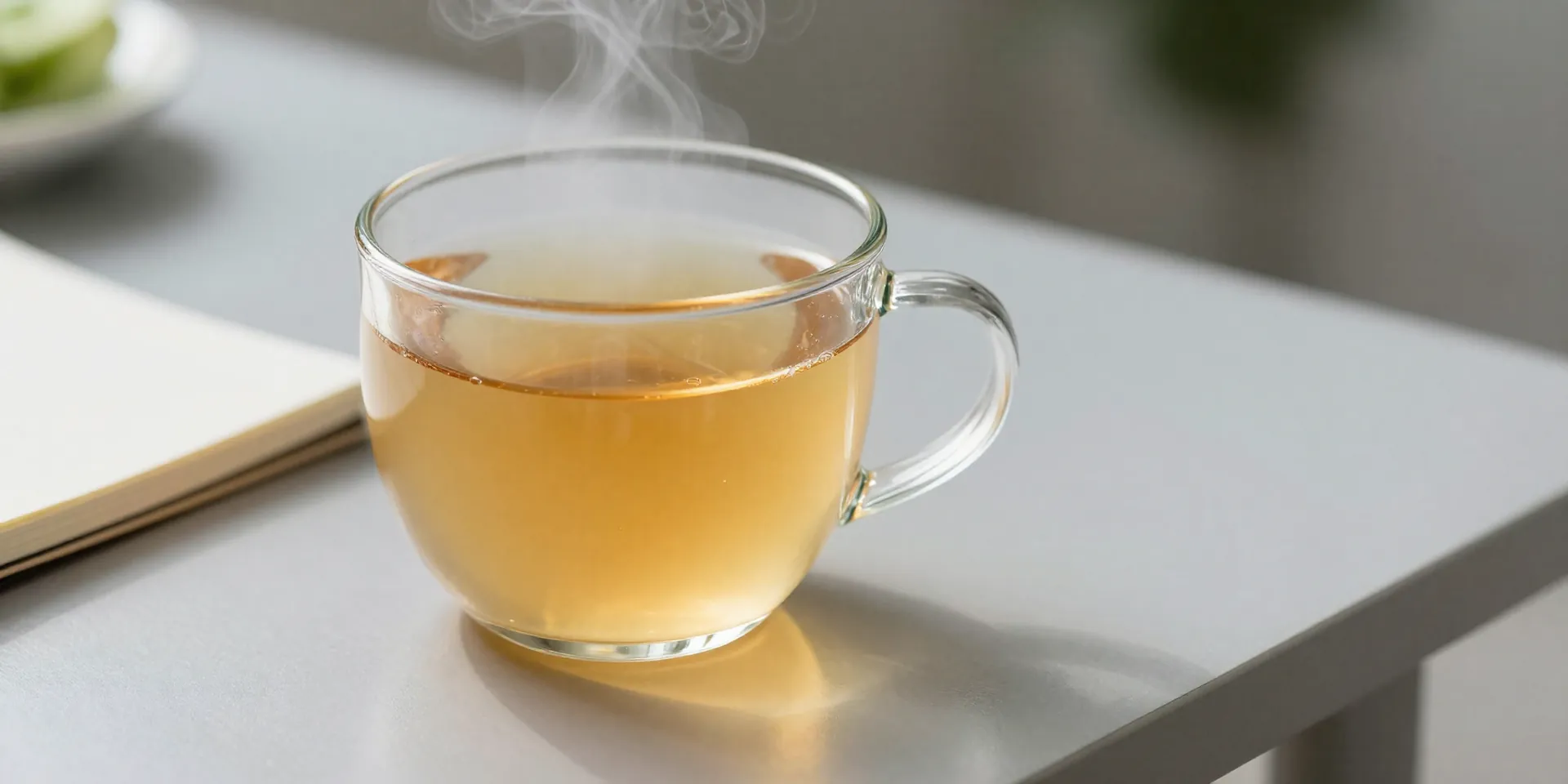 A clear glass mug of steaming golden bone broth on a sleek, modern desk. A subtle sliver of a keto food plan is visible