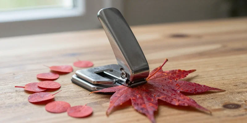 A silver metal single hole punch cutting a perfect circle out of a vibrant red maple leaf, tiny round leaf circles piled up