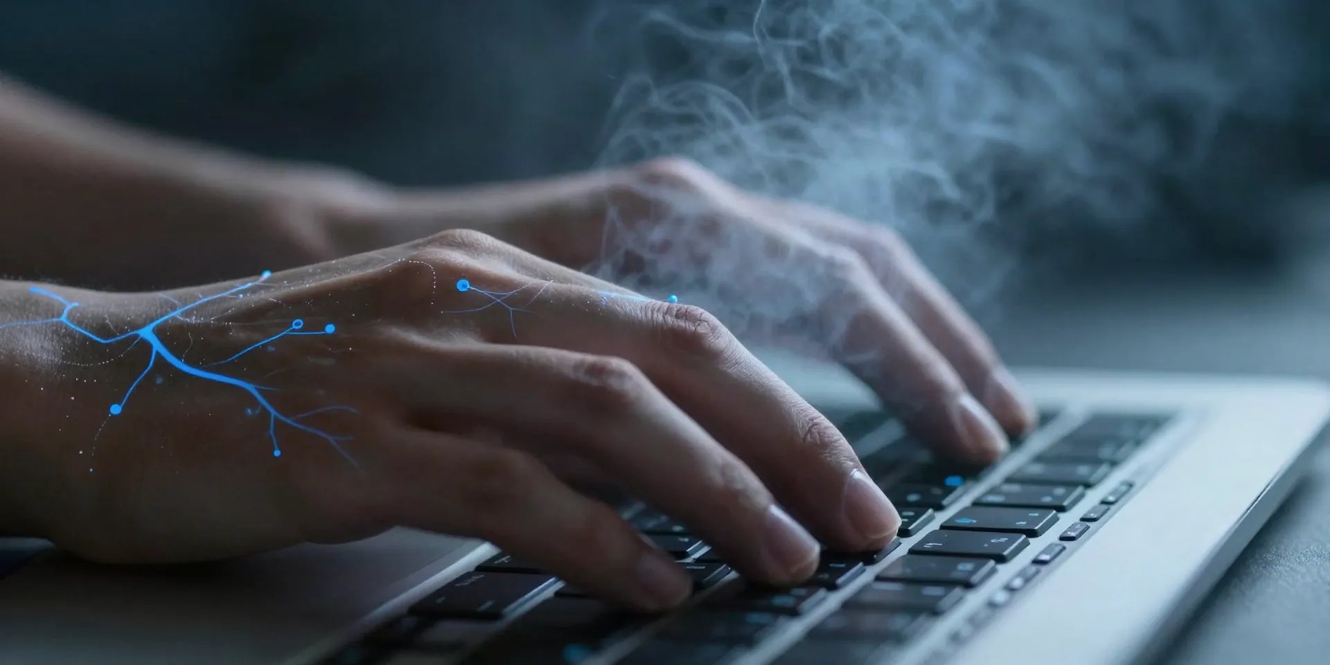 Close-up of a developer's hands on a keyboard, but the veins subtly pulse with soft blue light like circuitry. A calm