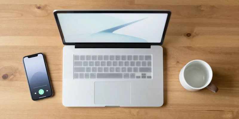 Minimalist flat lay, wooden desk, an open laptop with serene abstract patterns on screen next to a smartphone showing