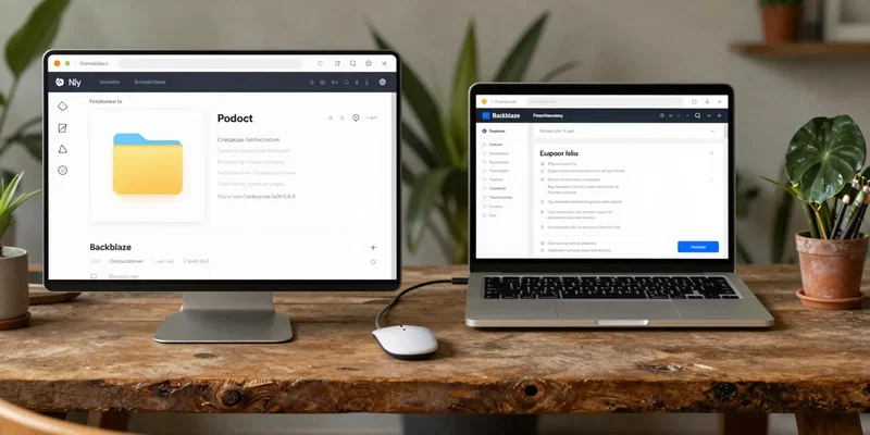 Split-screen view, left side showing a Dropbox folder interface with creative files, right side showing a Backblaze control