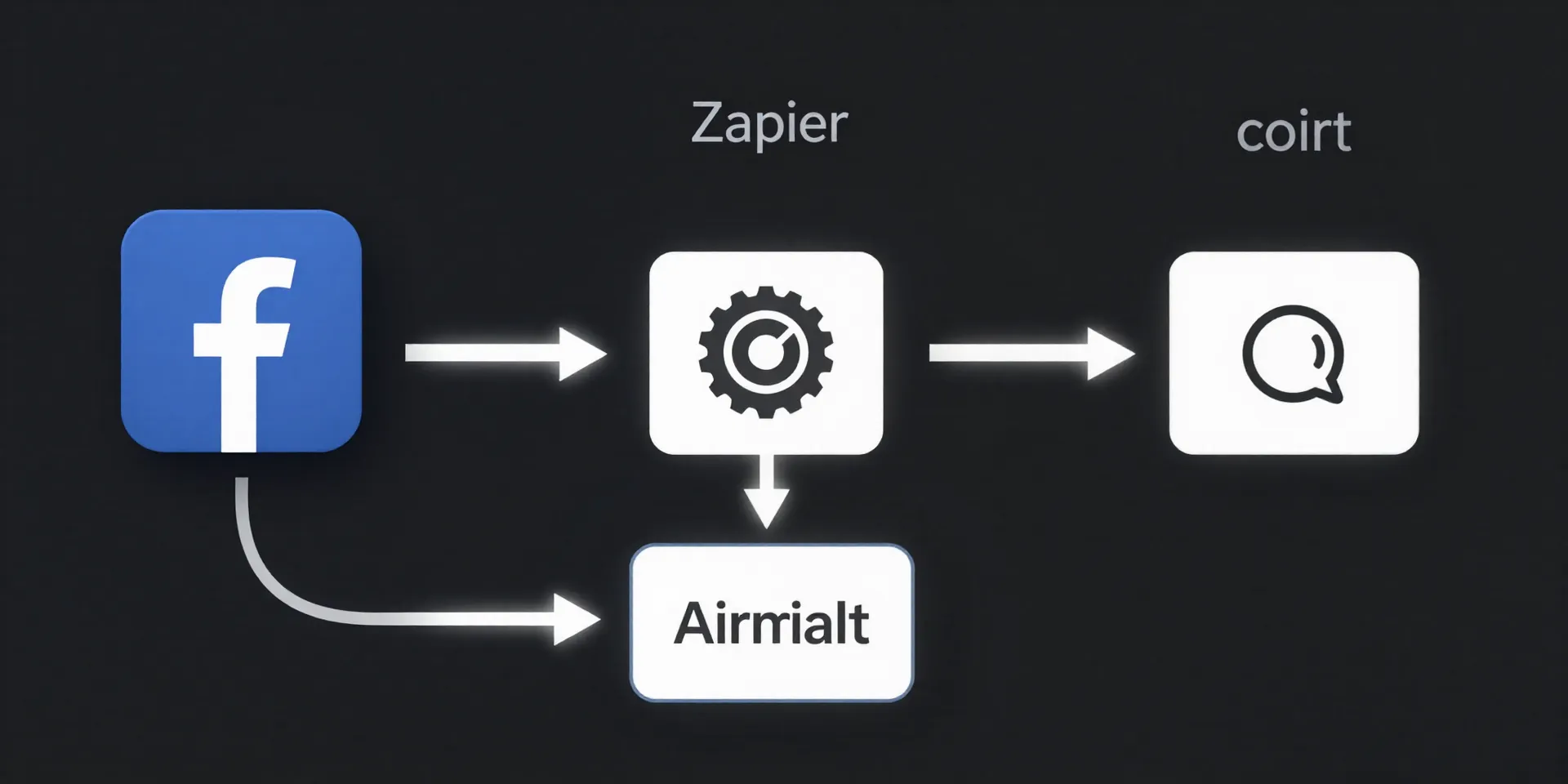 A clear, step-by-step flowchart on a dark screen: Facebook Logo -> Trigger Arrow -> Zapier Gear -> Action Arrow -> Airtable