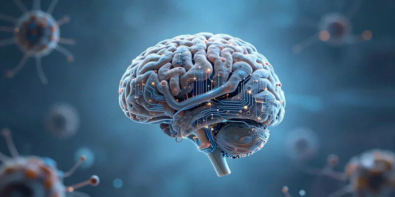 Symbiotic scene, a human brain made of delicate circuit boards and organic neurons, peaceful, floating in a soft blue light