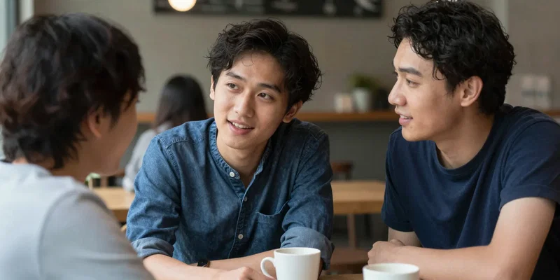 Two people having a casual, positive conversation at a cozy cafe. One person looks engaged and curious. candid moment