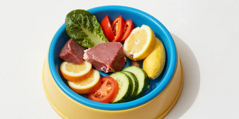 Colorful textured slow feeder dog bowl filled with fresh meat and vegetables, modern kitchen setting