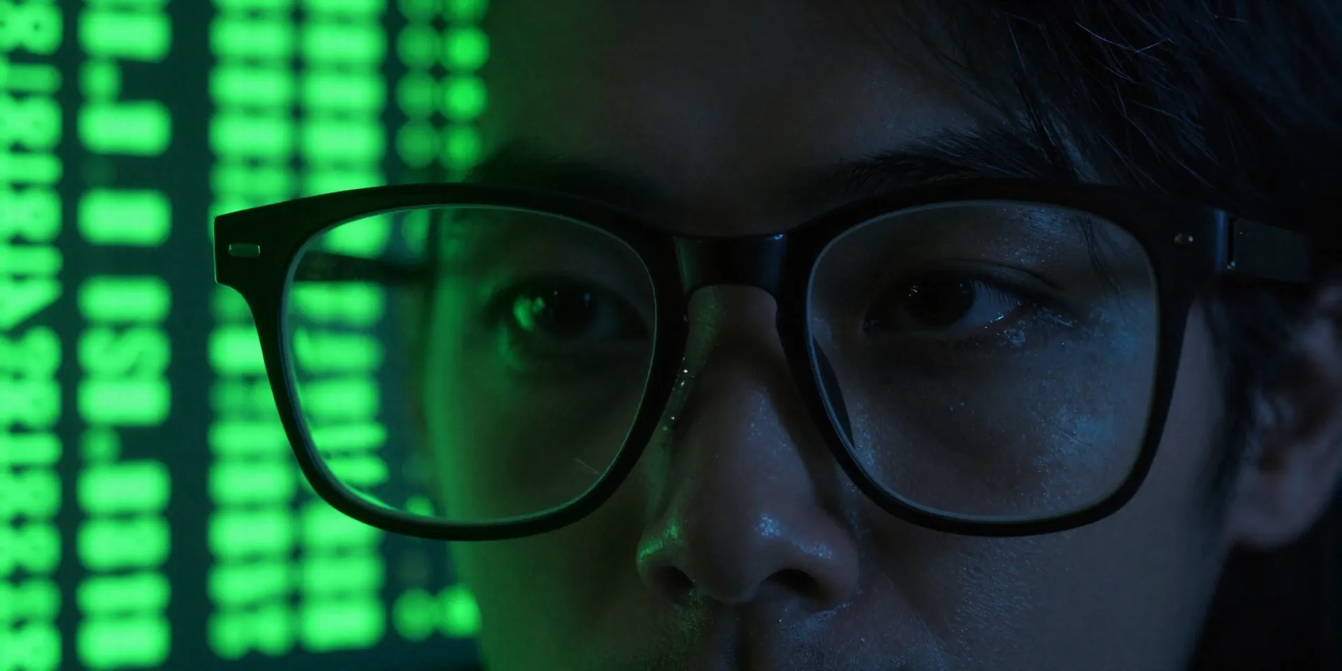Close up of glowing green terminal text reflecting in someone's glasses in a dark room, hacker aesthetic