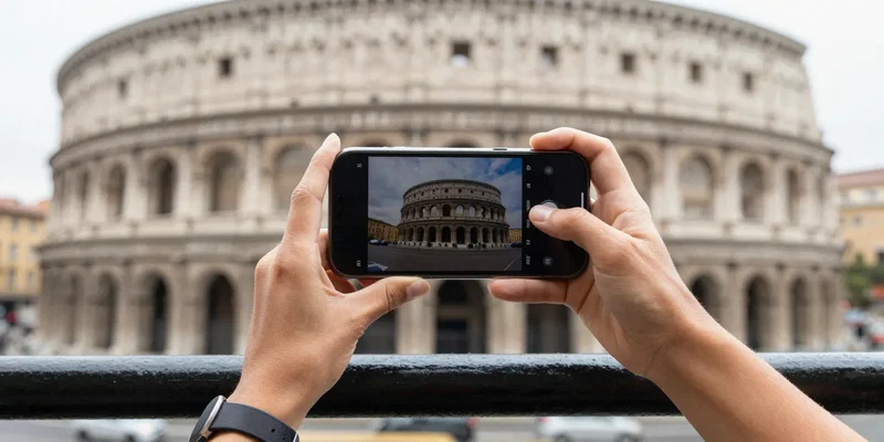 A woman's hands, with a wrist strap visible, balancing her smartphone perfectly on a cafe railing to frame a selfie