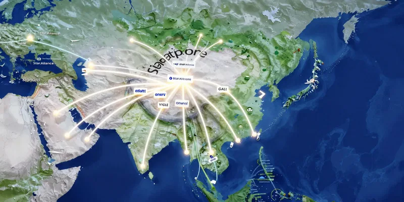 A stylized, interconnected map of Asia with glowing flight routes connecting major hubs like Tokyo, Singapore, and Seoul