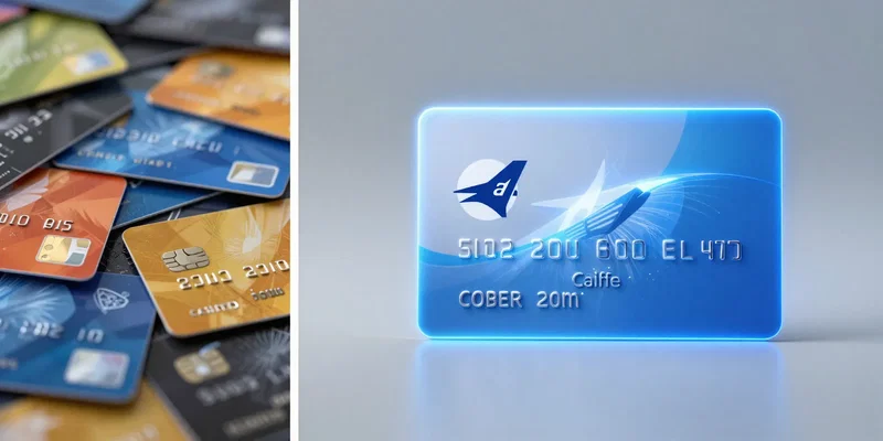 A split screen. Left side: a confusing pile of colorful credit cards. Right side: a single prominent card with an airline