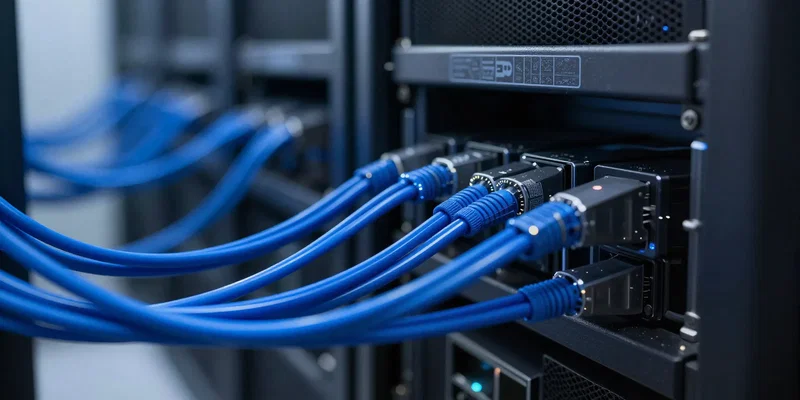 A tangled web of glowing blue optical cables connecting server racks, tech photography