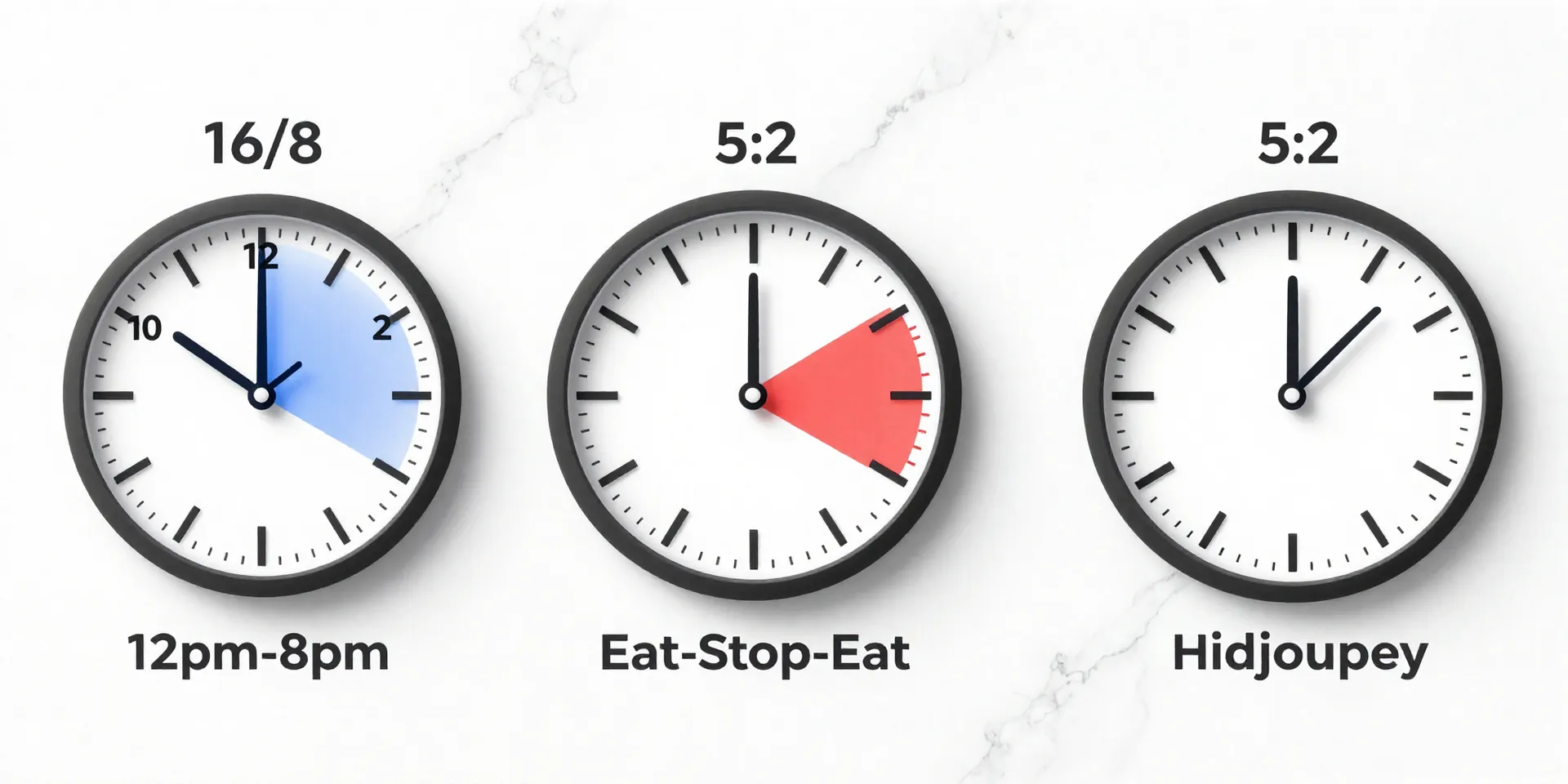 Minimalist infographic art of three simple fasting clocks on a white marble background. Clock 1: '16/8' with an eating