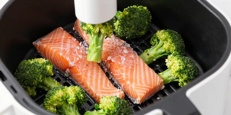 Close-up, culinary photography of frozen salmon fillets and frozen broccoli going straight into an air fryer basket, ice