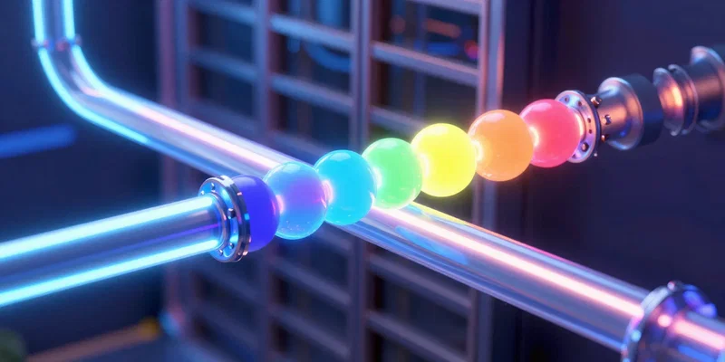 A sleek, glowing neon pipe transferring bright colorful energy spheres into a structured modern grid database, cyberpunk
