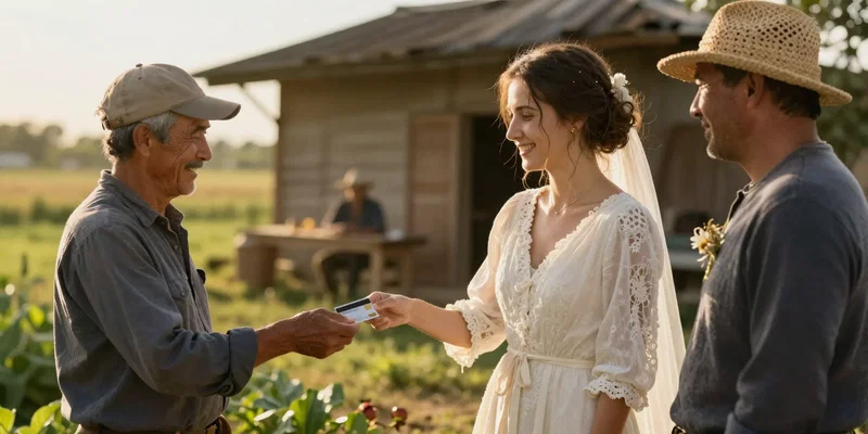 A smiling bride in a vintage dress handing a credit card to a local organic farmer at a rustic outdoor wedding venue