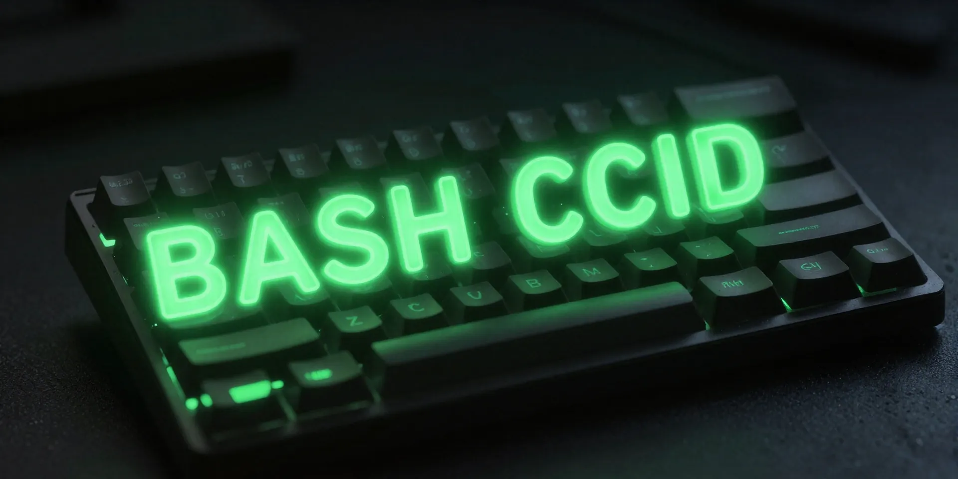 A glowing holographic bash script floating above a mechanical keyboard, neon green text, moody background, tech focus