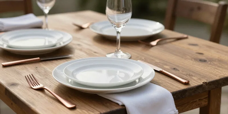 Tablescape with matching white stoneware plates, copper cutlery, and crystal glasses on a wooden farm table. fabric napkins