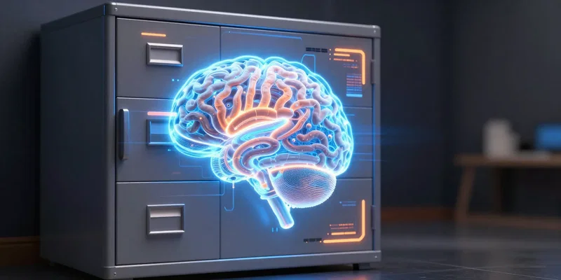 A glowing, futuristic filing cabinet morphing into a digital holographic brain, neon blue and orange accents, cyberpunk