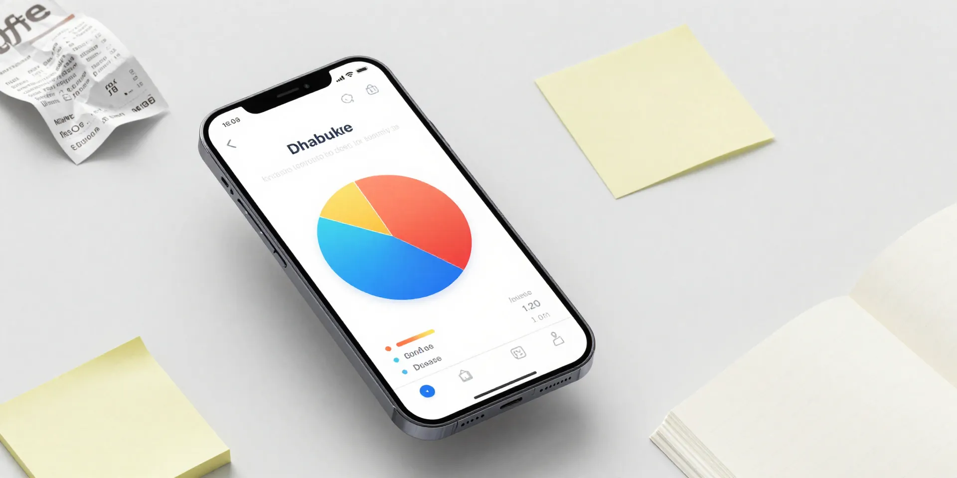 A phone screen floating in a clean workspace. On the screen, a minimalist time-tracking app shows a chaotic, multicolored