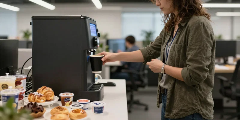 A dynamic, slightly chaotic open-plan office scene. A focused person in casual office wear grabs a black coffee