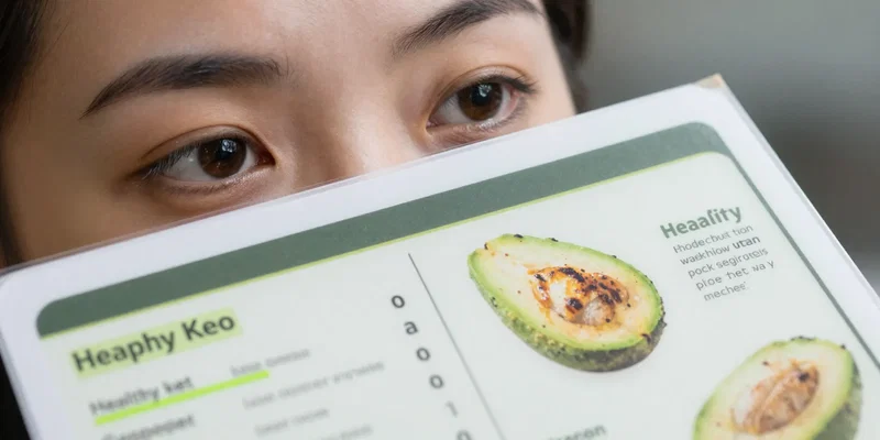 Close-up of a person's eyes scanning a laminated airport cafe menu, healthy keto options like grilled chicken and avocado