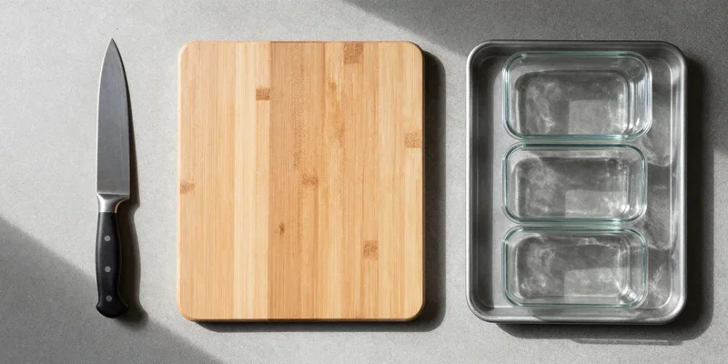 Flat lay photography from above on a concrete surface. A chef's knife, a large cutting board, a baking sheet, and a set