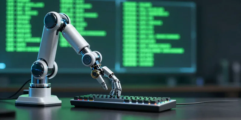 A sleek robotic arm typing rapidly on a mechanical keyboard, neon green terminal code reflecting in the background