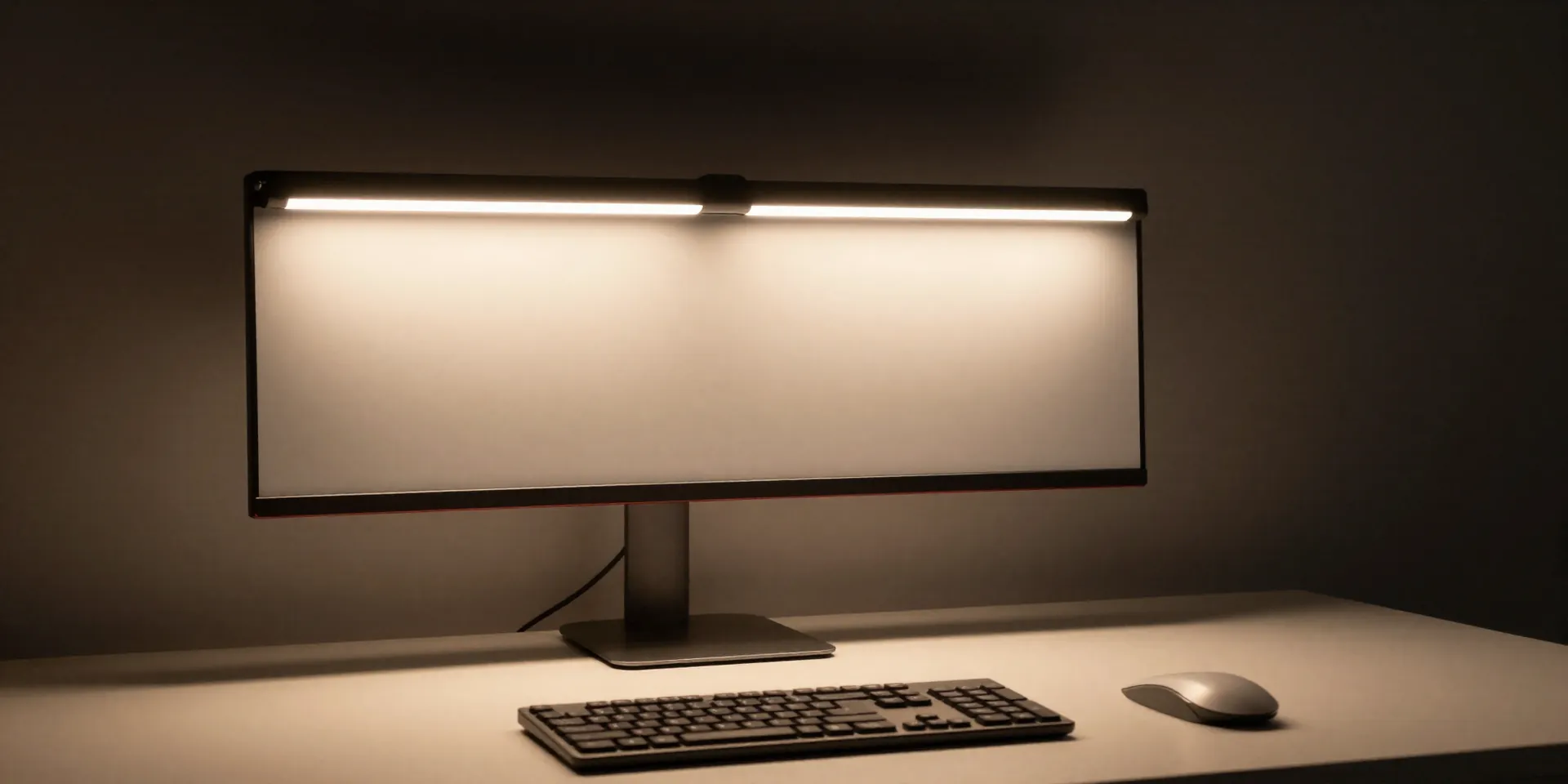 A sleek, modern monitor light bar casting a perfect, even glow on a desk with a keyboard and notebook. No screen glare