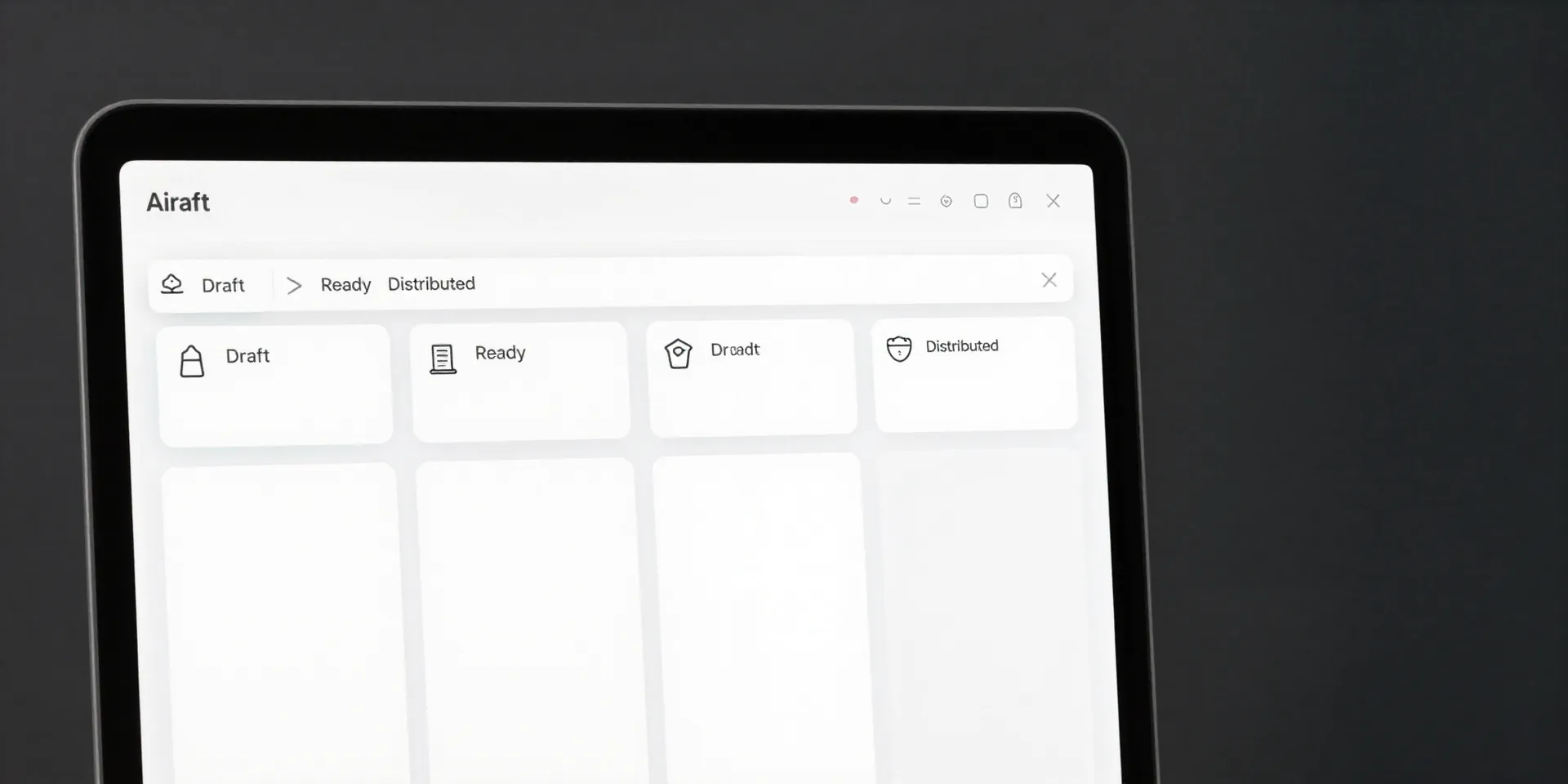 An elegant, and simple user interface of Airtable on a desktop screen, focused on a Kanban-style board view. Each card