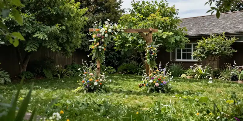 Lush green backyard being prepped for a party, wood arch decorated with wildflowers, lifestyle photography, summer day