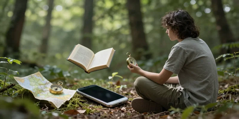 A person sitting in a quiet, sun-drenched forest, a discarded smartphone at their feet, screen dark. Small, whimsical analog