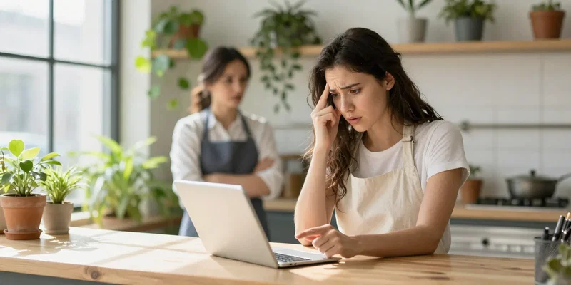 A stressed bride pointing at a tablet screen while talking to a female baker in a bright, modern plant-filled bakery
