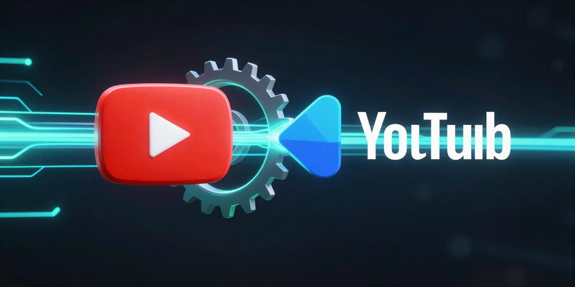 Abstract 3D render, YouTube logo and Airtable logo connected by glowing, pulsing data streams and gears, minimalist