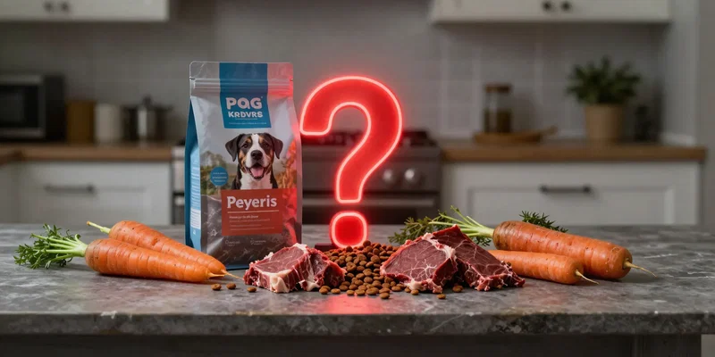 Flat lay photography of premium dog kibbles mixed with raw beef, carrots, and an ominous glowing red question mark, modern